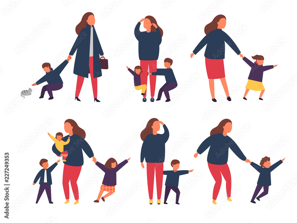 Tired exhausted mother with naughty kids. Parents with children. Vector illustration