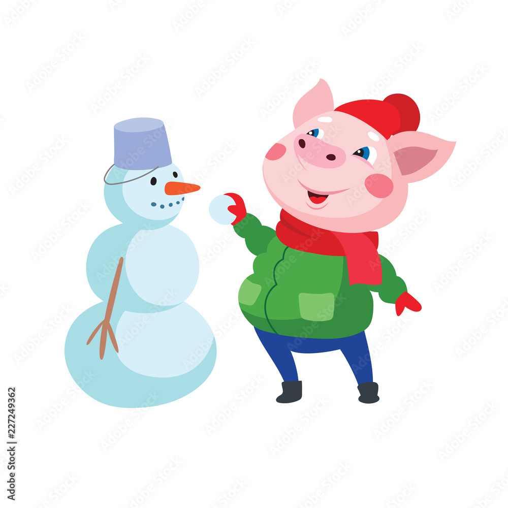 A pig in warm clothes and a snowman. A pig in warm clothes and a snowman.