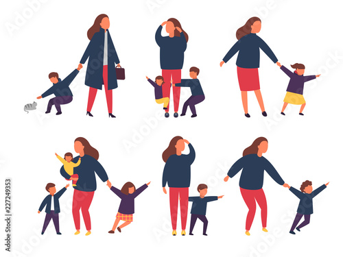 Tired exhausted mother with naughty kids. Parents with children. Vector illustration