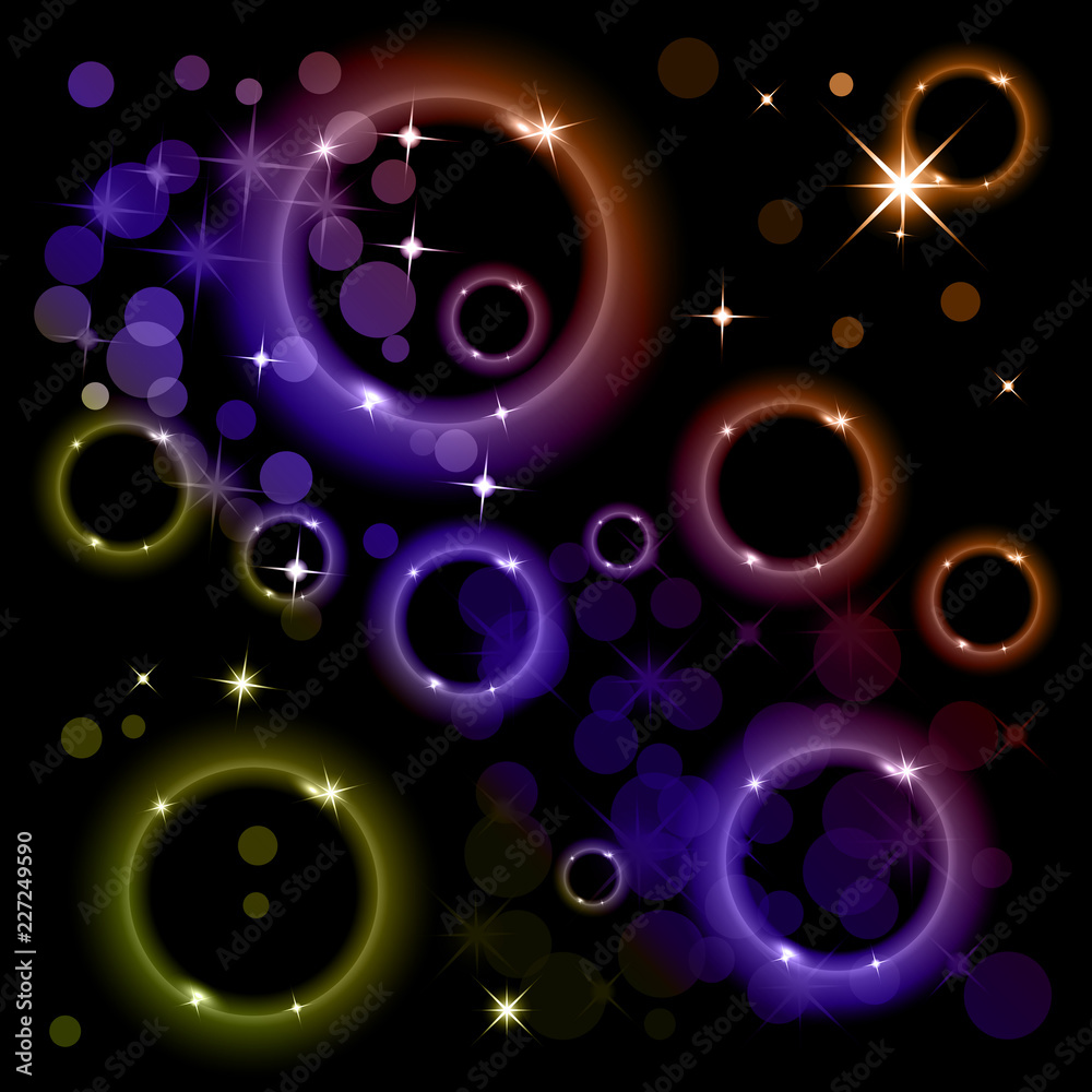 Vector illustration of bright color circles and rings with highlights and sparks on a dark background. Neon light effect, brilliant magic banner.