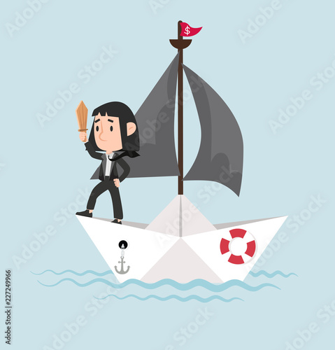 businessman with sword standing on paper boat