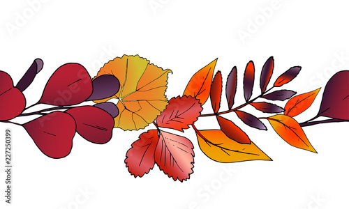 vector horizontal seamless pattern of autumn leaves. Vector illustration of red and yellow leaves. Background for wedding, invitation, postcard, print, decoration, backgrond.