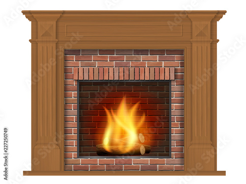 Wooden classic fireplace with wooden surround. Decorative element for design of the living room. Realistic detailed vector isolated on white background.