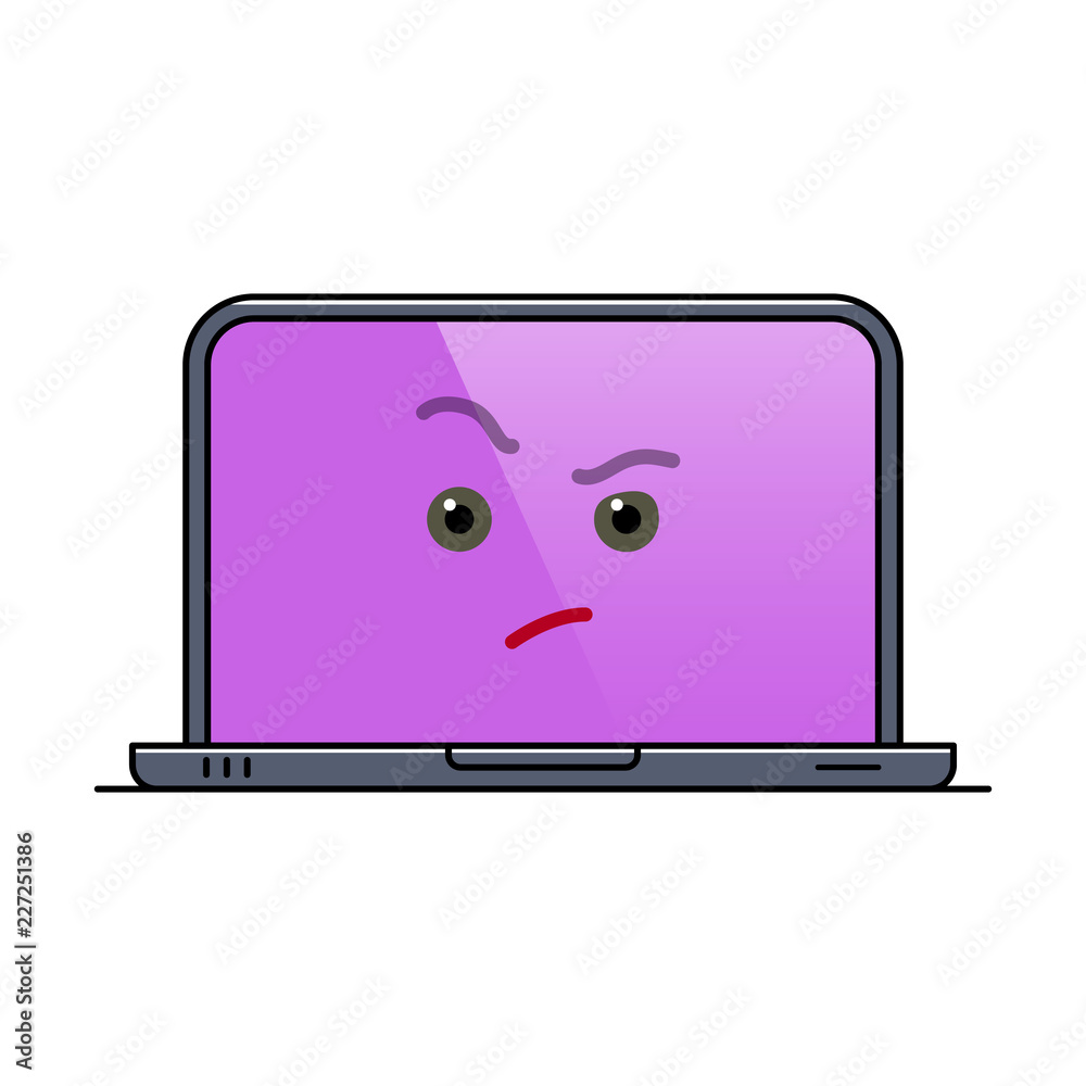 Distrustful laptop computer isolated emoticon. Suspecting digital ...