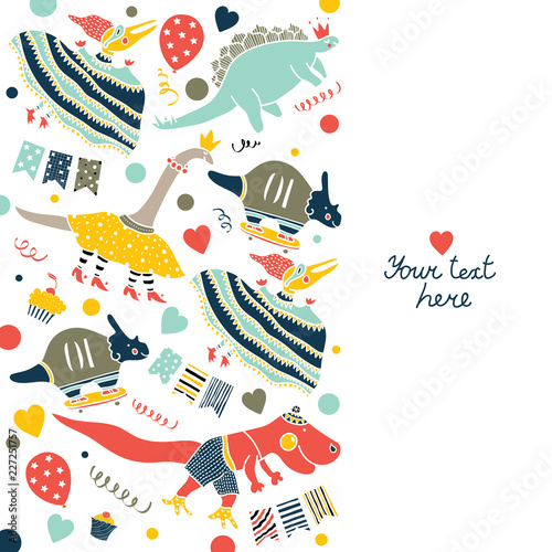 Beautiful happy birthday greeting card with dinosaur.