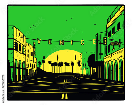 VENICE BEACH SUN GREEN YELLOW ILLUSTRATION WHITE BACKGROUND