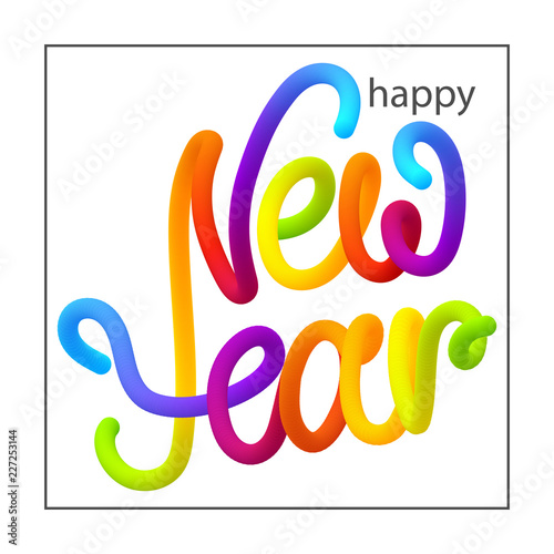 Happy New Year greeting card with colorful inscription.