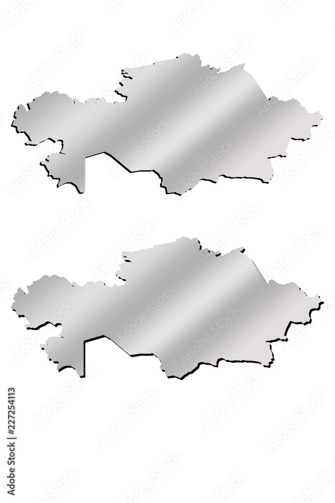 Kazakhstan contour map with metallic gradient and shadow isolated on white background