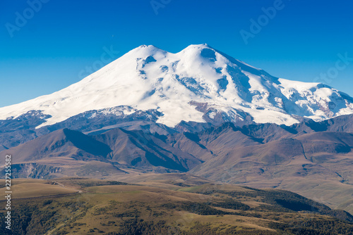 Beautifull landscape view of the mount Elbrus - the highest mountain in Europe. Caucasus mountains at autumn season time.