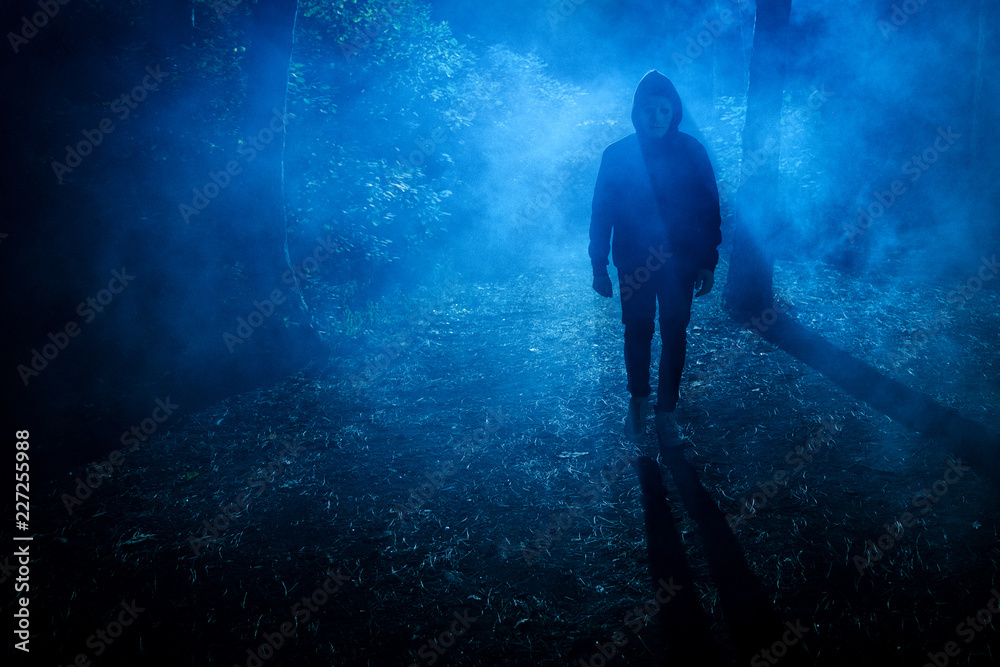 Fototapeta premium Halloween concept. Man Maniac in white mask and black hood in the forest under the blue light of the moon and fog at night, look.