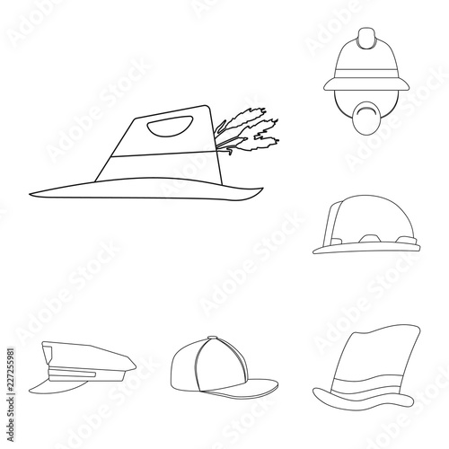 Vector illustration of headgear and cap symbol. Collection of headgear and accessory stock vector illustration.