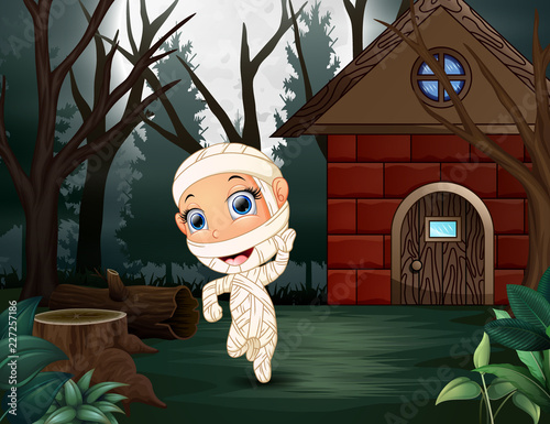 Happy halloween mummy in front of the home page