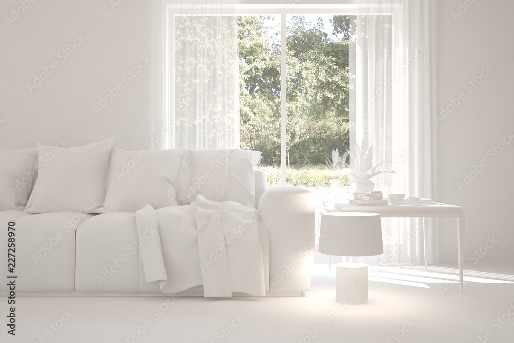 Fototapeta premium White room with sofa and green landscape in window. Scandinavian interior design. 3D illustration