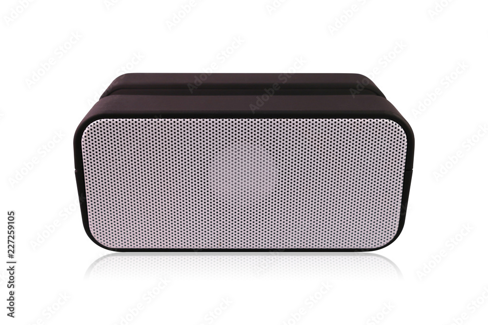 Portable wireless speaker isolated on white background. Black loudspeaker for playing music. Clipping paths object. Portable wireless speaker isolated on white background. Black loudspeaker for playing music. Clipping paths object.
