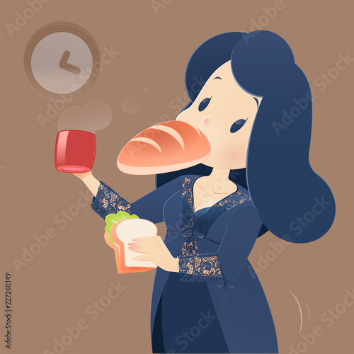 Illustration woman in blue nightgown eating coffee and bread in kitchen with window at night, Cartoon vector