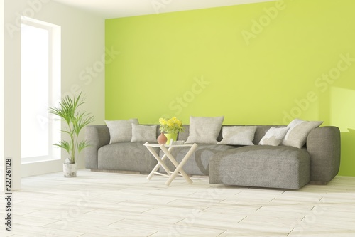 Green modern room with sofa. Scandinavian interior design. 3D illustration