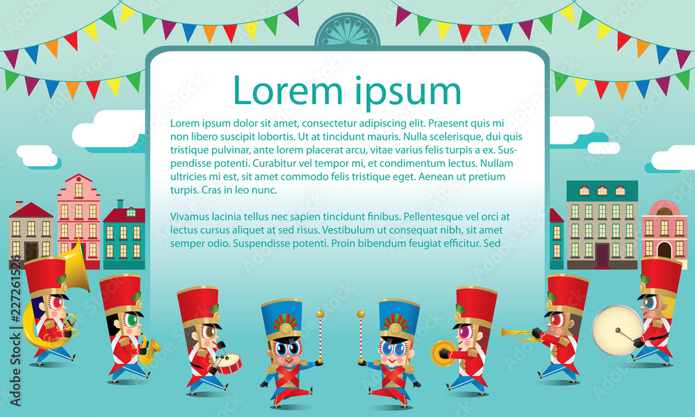 A marching cute brass band with various kind of instruments. With day time street scene. Texts are dummy text. A marching cute brass band with various kind of instruments. With day time street scene. Texts are dummy text.