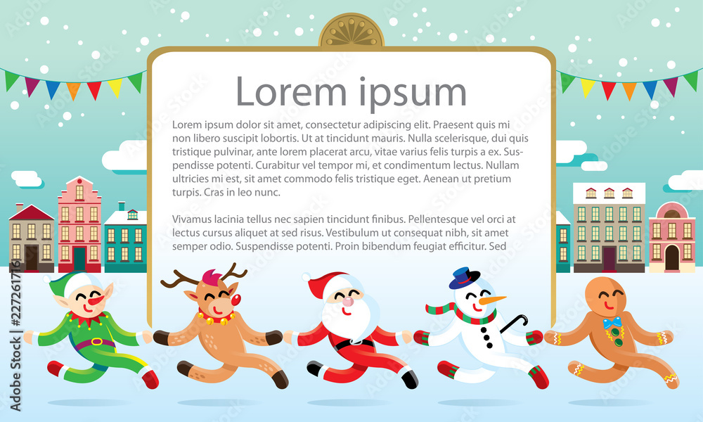 Santa and friends walking on a street with snowing background. Texts are dummy text.