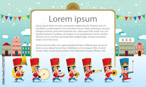 A marching cute brass band with various kind of instruments. With snowing day time street scene. Texts are dummy text.
