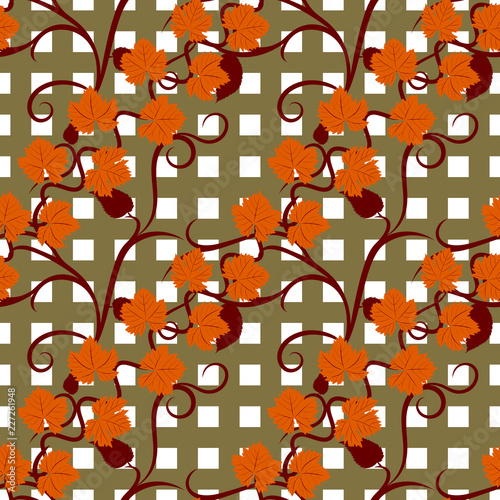 Autumn grape leaves seamless pattern on squared background