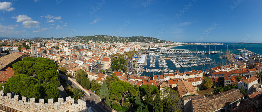 Cannes, Cote d'Azur, France. Panorama of Cannes and the port from the tower Suquet.