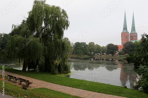 beautiful romantic place at a small sea with a weeping willow and a church in the background at a rainy day