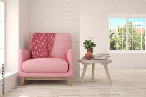 Idea of white room with armchair and summer landscape in window. Scandinavian interior design. 3D illustration