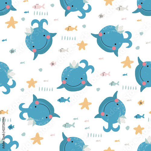 Seamless pattern with cute blue whales