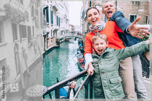 Madly happy family take a selfie photo on the one of bridge in Venice © Soloviova Liudmyla