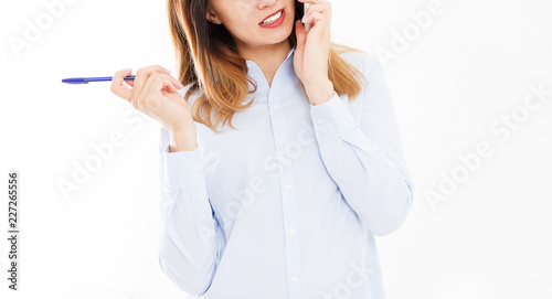 cropped portrait of business girl with smartphone. Woman tolking on phone. Confident young manager. Copy space photo