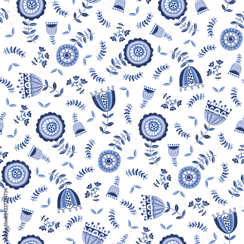 Folk Blue Flowers on White Background Vector Seamless Pattern. Delft Florals. Hand-drawn doodle monochrome flora.