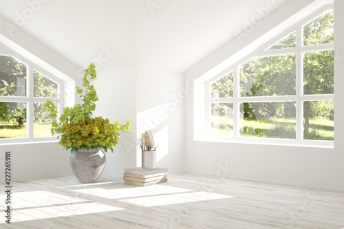 Fototapeta Naklejka Na Ścianę i Meble -  Mock up of white empty room with summer landscape in window. Scandinavian interior design. 3D illustration