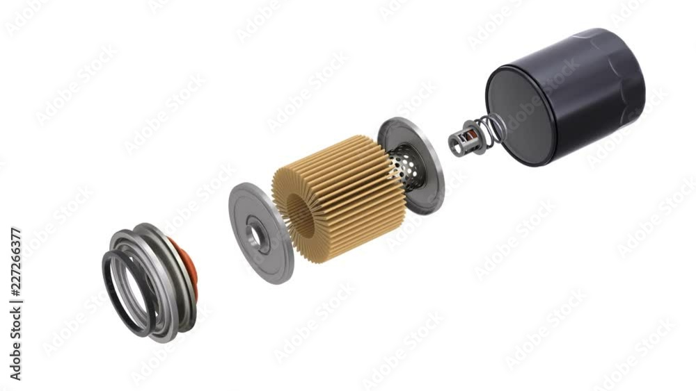 Oil filter assembly animation with exploded view on white background