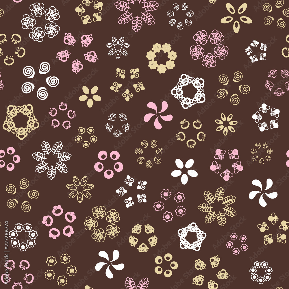 Brown seamless pattern with gold, white, rose flowers. Brown seamless pattern with gold, white, rose flowers.