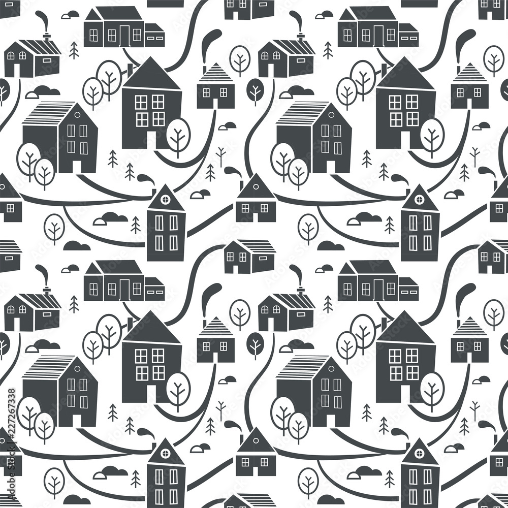 Northern town. Seamless pattern for winter, New Year and Christmas theme. Creative. Hand drawn Christmas background. Vector Illustration