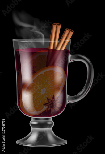 Glass of mulled wine on black background. Vector illustration.