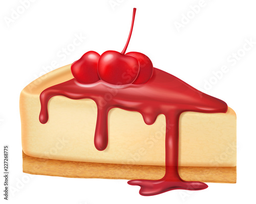 Cheesecake with cherry jam and cherries. Vector illustration.