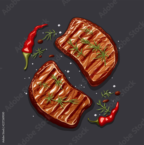 Two piece of meat steak. B-B-Q roast food. Cooking barbecue.