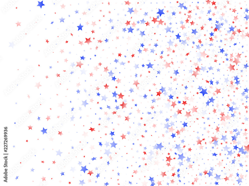 Fototapeta premium Flying red blue white star sparkles on white vector american patriotic background.