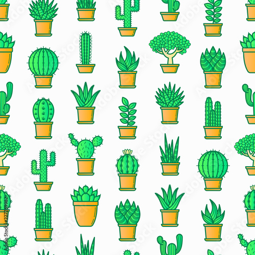 Cactus and succelents in pots seamless pattern with thin line icons. Modern vector illustration for shop of plants.