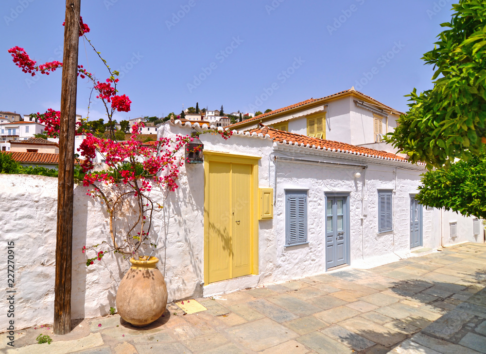 Φωτογραφία traditional houses with bougainvillea flowers at Hydra island Saronic gulf Greec