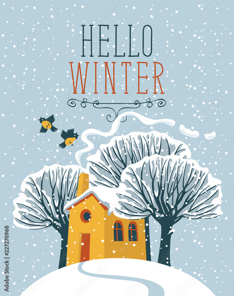 Fotografie Vector winter landscape with words Hello Winter, with snow-covered trees, birds
