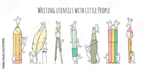 Office supplies set with working little people.