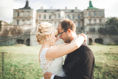 Amazing happy gentle stylish beautiful romantic caucasian couple on the background ancient baroque castle