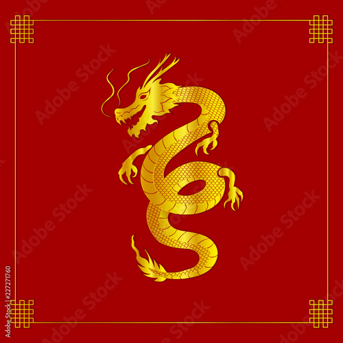 Vector Oriental Dragon, Golden Paper Art with Endless Node Frame.