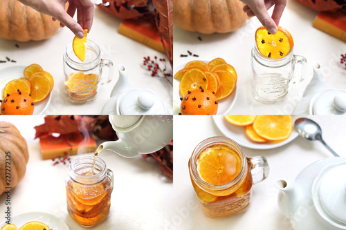 Herbata z pomarańcza. Kompozycja krok po kroku przygotowywania herbaty z pomarańczą i goździkami
