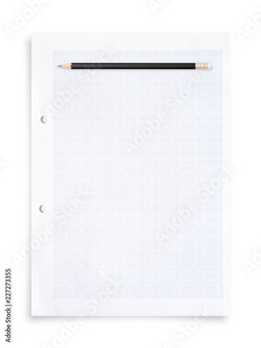 Black pencil and white paper sheet isolated on white background.