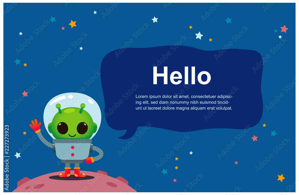 Vector alien character standing on some planet with text Hello Vector alien character standing on some planet with text Hello