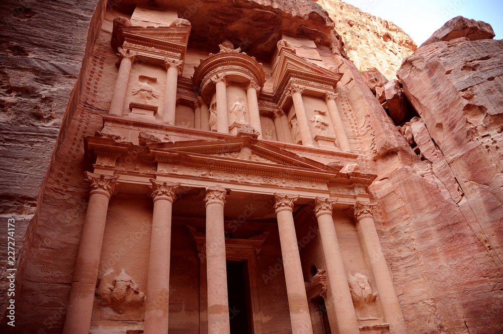 Petra. The name Treasury is derived from a tale that an Egyptian pharaoh hid a treasure here, but it fact the Treasury is a tomb for one of the Nabataean kings who built the city from 600 BC 