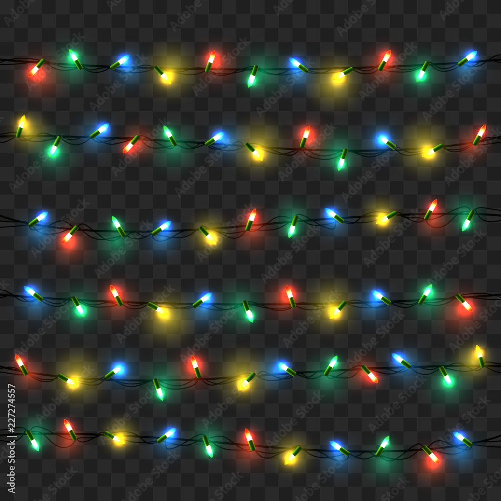 Glowing lights for Xmas Holiday greeting card design. Christmas lights isolated realistic design elements . Garlands on white background vector illustration